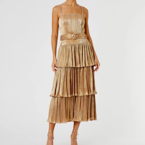 NWT Mac Duggal [6] 27062 Tea-Length Maxi Gold Ruffle Tiered Dress Metallic - Picture 2 of 11